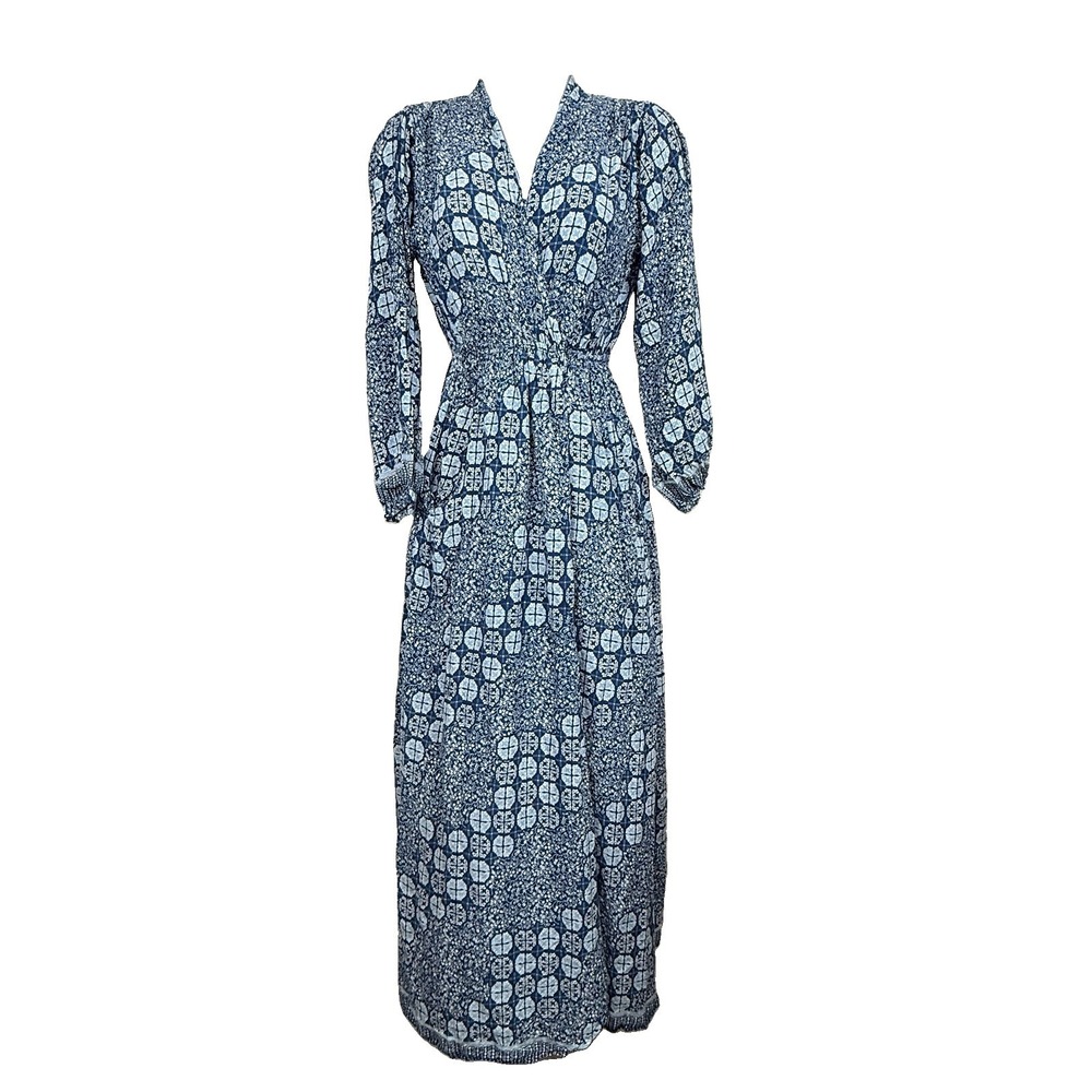 Anthropologie Nat by Natalie Martin Nico Dress Womens XS Blue Slit Maxi Batik